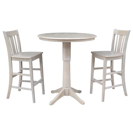 International Concepts Round 36 in Rd Pedestal Bar Ht Table, 2 San Remo Bar Ht Stools, Gray Taupe, 36 in W, 36 in L, Wood K09-36RT-27B-6B-2-S103-2